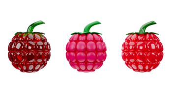 3D rendering of raspberry in various materials, crystal, jelly and solid color, Tropical fruit berries png
