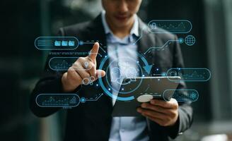 Man using chat bot in smartphone intelligence Ai. Chat with AI Artificial Intelligence, developed by OpenAI generate. robot in online system. in office photo