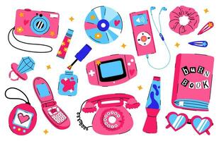 Y2k collection with camera, burn book, audio player, lava lamp, phone, glasses etc isolated on white background. Trendy pinkcore, barbiecore elements set in 2000s style. vector