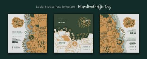 Social media post template with green coffee in doodle art design for international coffee day vector