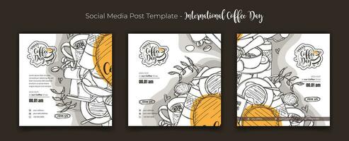 Set of social media post template with cartoon sketch of coffee design for world coffee day campaign vector