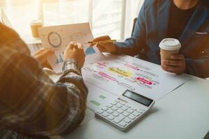 A group of investors and business teams are discussing investment trends for the best results. The concept of hiring an investment consultant to get highly efficient investment advice. photo