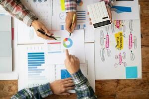Top View and Copy Space, group of investors and business teams are discussing investment trends for best results. concept of hiring an investment consultant to get highly efficient investment advice. photo