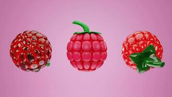 3D rendering of raspberry in various materials, crystal, jelly and solid color, Tropical fruit berries video