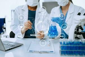 Scientist two woman with tablet and laptop, laboratory and ecofriendly science. Agriculture, research and scientists with online reading, test samples for global warming, analytics and tech. photo