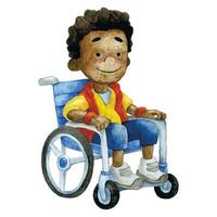 African schoolboy with dark skin in a wheelchair. cute character, watercolor drawing on the theme back to school vector