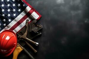 Happy Labor day concept. American flag with different construction tools on dark stone background. AI Generated photo