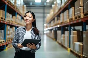 Manager checking stock inside of warehouse in retail store. AI Generated photo