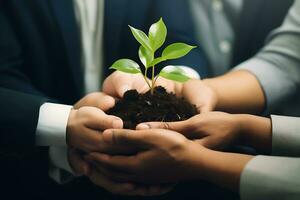 Business people holding soil with plant. Teamwork needed to growth of a life plant. AI Generated photo