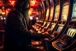 Man playing slot machine focused with a close up shot. AI Generated photo