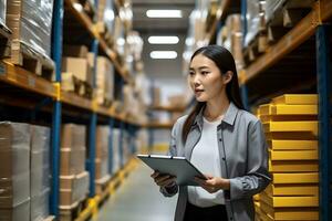 Manager checking stock inside of warehouse in retail store. AI Generated photo