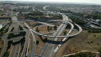 Aerial drone view of elevated highway junctions and interchange overpass ring roads video