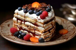 Delicious layered cake with chocolate and fruit photo