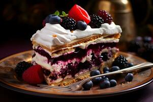 Delicious layered cake with chocolate and fruit photo