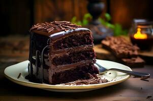 Delicious chocolate cake with dark chocolate icing photo