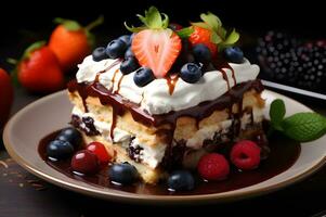 Delicious layered cake with chocolate and fruit photo