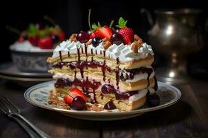 Delicious layered cake with chocolate and fruit photo