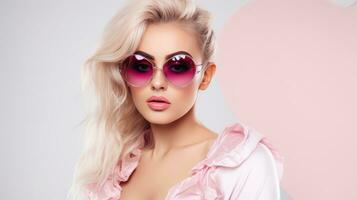 Blondie girl in pink glasses photo