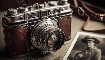 Old fashioned camera on wood table selective focus generated by AI photo