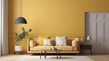 Mock up poster in home interior with minimal furniture, 3d render, Bright color. photo