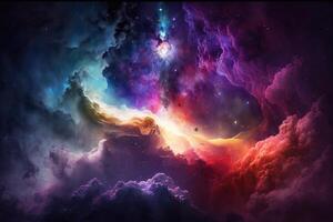 Stars and planets of the space nebula on a dark blue background. . photo