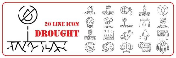 Global disasters - set of modern vector plain line design icons. Drought, flood and water. Famine.