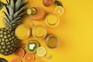 Add a pop of color to your summer marketing with this vibrant top view flat lay photo of citrus juice cocktails in glass jars, ananas, orange, kiwi set against a trendy yellow background, generate ai