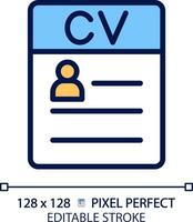 CV pixel perfect RGB color icon. Candidate information. Knowledge, skills and experience. Worker qualification. Resume. Isolated vector illustration. Simple filled line drawing. Editable stroke