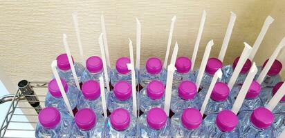 Many plastic bottle of water with purple bottle-cap and tube prepare for service customer, people come to training or seminar at hotel. Preparation food and Pattern of object photo