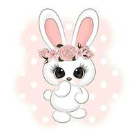 Cute white bunny with a wreath of flowers, textile print, T-shirt package vector illustration