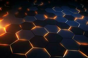 3D rendering of abstract background with glowing hexagons. Futuristic honeycomb pattern, Abstract background hexagon pattern with glowing lights, AI Generated photo