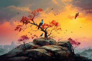 Bird sitting on a tree in the mountains at sunset. Digital painting, serene African savannah perched on a cliff, with a spectacular array of exotic birds perched on branches and foliage, AI Generated photo