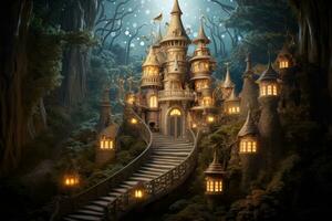 Fairy tale castle in the forest. Fantasy landscape. 3D rendering, fairytale castle where the fairies and goblins live together in harmony, AI Generated photo