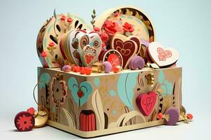 Valentine's day gift box with hearts. 3D rendering, whimsical gift box, complete with a hidden compartment filled with a breathtaking assortment of colorful Box, AI Generated photo
