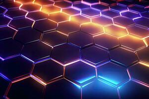 3d rendering of abstract background with hexagons in neon light. Abstract background hexagon pattern with glowing lights, AI Generated photo