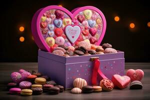 Colorful heart shaped box full of candies and macaroons, whimsical gift box, complete with a hidden compartment filled with a breathtaking assortment of colorful Box, AI Generated photo