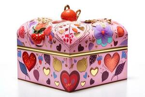 Colorful valentine box on white background,valentine day, whimsical gift box, complete with a hidden compartment filled with a breathtaking assortment of colorful Box, AI Generated photo