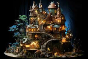 Fairy tale castle made of wood on a black background. 3d rendering, fairytale castle where the fairies and goblins live together in harmony, AI Generated photo