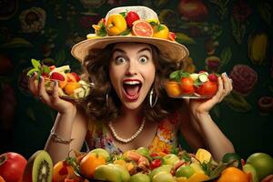 Surprised young woman in hat holding plate with fresh fruits. young woman gorging on a small bowl of salad, her face filled with joy as she chews on the colorful and vibrant fruits, AI Generated photo