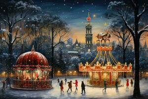 Merry go round on the background of the Moscow Kremlin, merry Christmas scene filled with snow covered trees and a towering tree of lights, illuminated carousel, AI Generated photo