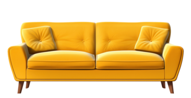 Modern yellow leather sofa with pillows isolated png