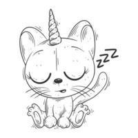 Cute unicorn cat sitting and sleeping for coloring vector