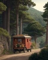 Wood vehicle in road photo