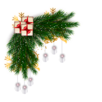 Kerstmis hoek decoratie met Kerstmis bal, pijnboom Afdeling en sneeuw buigen png