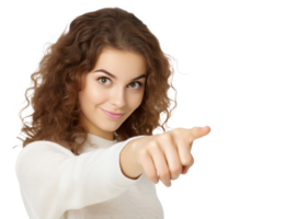 Young girl looking at camera while pointing her finger png