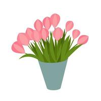 Flat pink tulips bouquet in vase vector illustration. Pink tulips in grey vase isolated