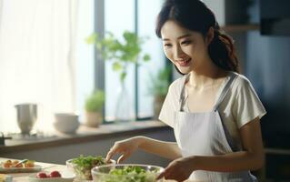 Asian woman preparing breakfast in the kitchen. photo