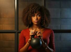 A young black woman holding a weight photo