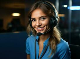 representante joven mujer operador vistiendo un auriculares foto