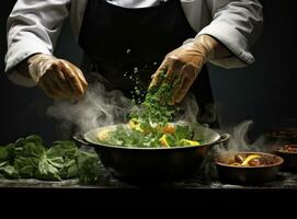 Chef in hat and glasses preparing food grilled in a pan photo